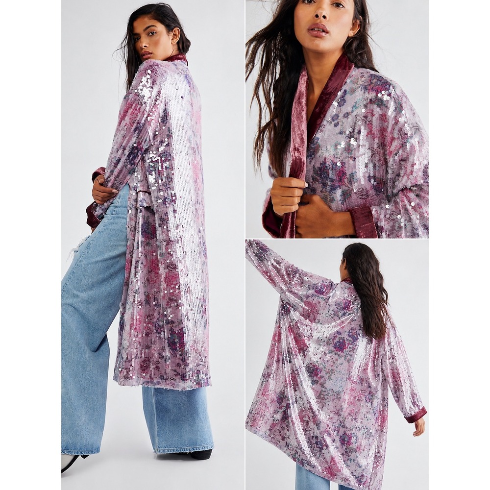 Free People Kealey Kimono Night Shimmer Sequin Duster Coat Floral Velvet Size L